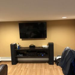 Dynamic Rapid Systems - Full articulating mount with floating shelf. Pioneer receiver,ps4, and cable box. All wired concealed.
