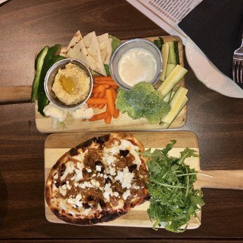 Lounge 51 - Veggies and Hummus + Goat cheese and arugula flatbread. Both yummy! - American Near Me - Elgin, Illinois Lounge 51 - Veggies and Hummus + Goat cheese and arugula flatbread. Both yummy! - American Near Me - Elgin, Illinois
