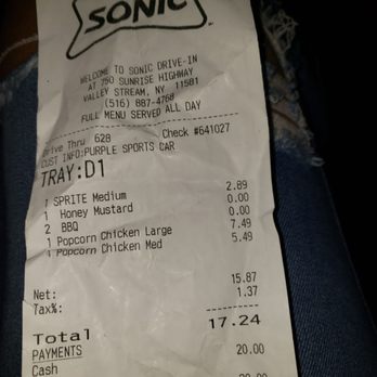 Sonic Drive-In - Now I told the driver through female a large combo and 1 Meduim pop corn chicken. What do this say - Burgers Near Me - Valley Stream, New York