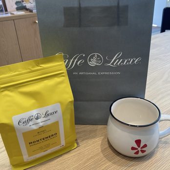 Caffe Luxxe - Bag of espresso beans and my Yelp mug. - Coffee Roasteries Near Me - Santa Barbara, California Caffe Luxxe - Bag of espresso beans and my Yelp mug. - Coffee Roasteries Near Me - Santa Barbara, California