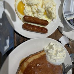 Burben pancakes, apple chicken sausage, and eggs. Burben pancakes, apple chicken sausage, and eggs.