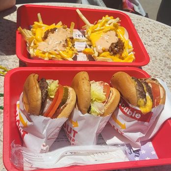 In-N-Out Burger - Animal style fries, 2 hamburgers, and a double cheeseburger. - Fast Food Near Me - San Diego, California