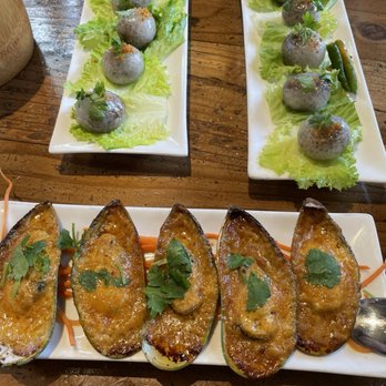 Basil Canteen - Baked mussels with Tom yum Aioli & Steamed Pork Dumplings filling - Thai Near Me - San Francisco, California