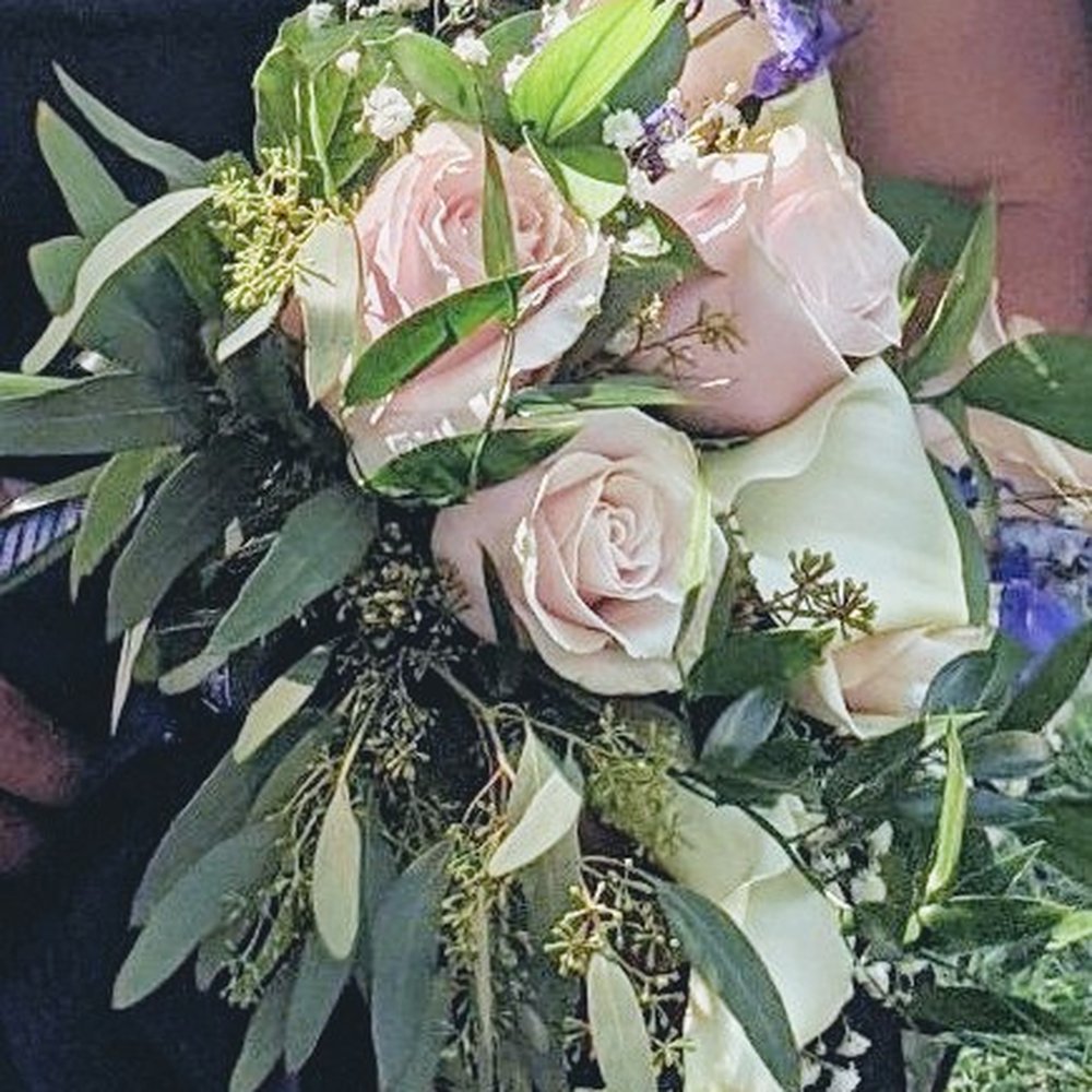 Bridal Bouquet - white and pink roses, white calla lilies, delphinium, baby's breath, greens Bridal Bouquet - white and pink roses, white calla lilies, delphinium, baby's breath, greens