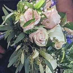 Bridal Bouquet - white and pink roses, white calla lilies, delphinium, baby's breath, greens Bridal Bouquet - white and pink roses, white calla lilies, delphinium, baby's breath, greens