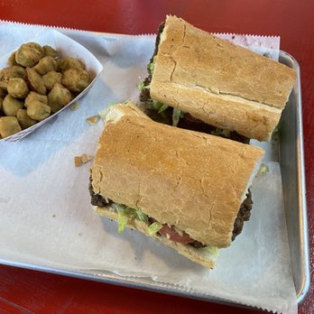 Coach's Po-Boy's - Cheeseburger poboy and fried okra. - American Near Me - Bogalusa, Louisiana