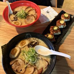 Pork Classic Tonkotsu (one with extra egg) and the Spicy Tuna Over Crispy Rice (4pcs