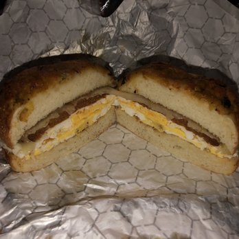 Einstein Bros. Bagels - Chorizo with double egg on green chili bagel - Bagels Near Me - Ormond Beach, Florida Einstein Bros. Bagels - Chorizo with double egg on green chili bagel - Bagels Near Me - Ormond Beach, Florida