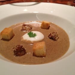Foie gras, mushroom velouté, truffled croutons and crème fraîche.