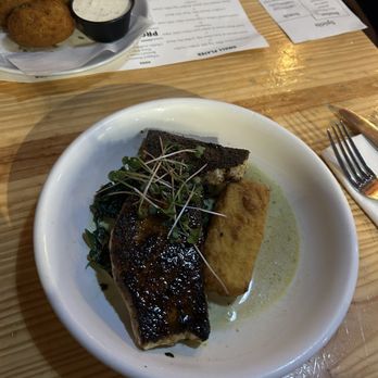 The Provincial - Chicken, Mushroom, Herb and Cheese Croquettes Plate & Blackened Grilled NC Swordfish Plate - New American Near Me - Apex, North Carolina