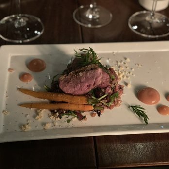 Valette Restaurant - Coriander Crusted Duck Breast: Liberty Farms Duck Pickled Cherries - Farro - Spiced Carrots - Crispy Duck Confit - Quince Puree - New American Near Me - Healdsburg, California