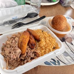 Boriexpress - Rice and pigeon peas, pork, plantains and a yummy potato ball!