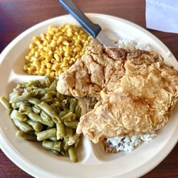 Babineaux's Cafe - Fried Pork-chop Plate Lunch with rice and gravy, green beans and corn
