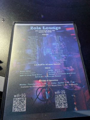 Menu photo 1 Zola Hookah lounge Austin, TX