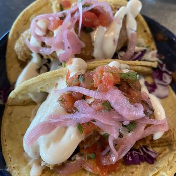California Fish Grill - Breaded fish tacos - salsa was bland, but Tapatío saved the day. - Seafood Near Me - Cypress, California