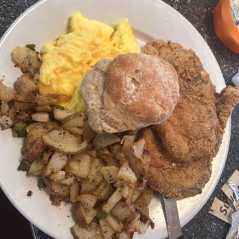 Thumbs Up Diner - Fried Pork Chops (2) and Eggs (2) with potatoes - Breakfast & Brunch Near Me - Atlanta, Georgia