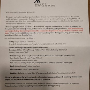 Seattle Marriott Redmond - Policy clearly indicating bed will be made, trash taken out etc. Not the case. - Hotels Near Me - Redmond, Washington