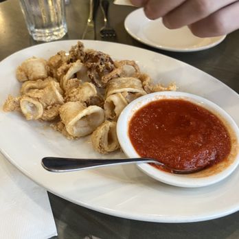 George's - Totally solid calamari - Fried calamari pieces are arranged on a white oval plate, with a small bowl of marinara sauce. A spoon rests on the plate's edge. In the background, a glass of water with a lemon wedge and a person's hand holding a lemon wedge are visible. The setting appears to be a restaurant or diner table. - Diners Near Me - Brooklyn, New York