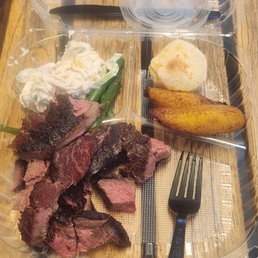 Picanha, chicken salad, pao de quejo, and green beans. Picanha, chicken salad, pao de quejo, and green beans.