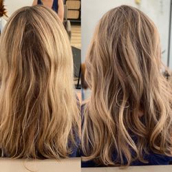 Julie Oushana For Hair - Before and after. She wanted a fall blonde