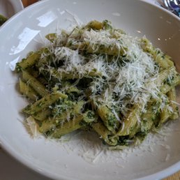 a bowl of pasta with pesto and parmesan cheese a bowl of pasta with pesto and parmesan cheese