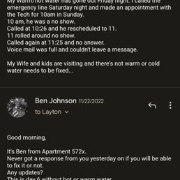Communication for hot water going out after a few in-person visits, calls and emails.