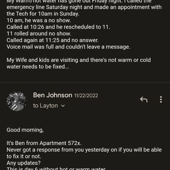 Layton Meadows Apartments - Communication for hot water going out after a few in-person visits, calls and emails. - Apartments Near Me - Layton, Utah