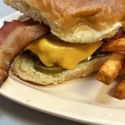 Jefferson Compounding - Little bacon cheeseburger then added grilled onions and pickle. I got the seasoned fries which were also great!