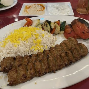 Javan Restaurant - Beef(?) Kobideh with Grilled Veggies, Hummus + Tzatziki in the back - Persian/Iranian Near Me - Los Angeles, California Javan Restaurant - Beef(?) Kobideh with Grilled Veggies, Hummus + Tzatziki in the back - Persian/Iranian Near Me - Los Angeles, California