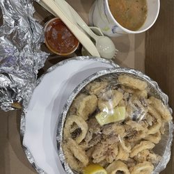 Tomato Garden Pizza Restaurant - Fried calamari, beef barley soup that comes with the pasta
