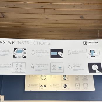 Express Laundry Lounge - Payment via laundry pay app instructions - A white instructional sign for a washer, displaying six steps with icons and text, including loading, adding detergent, selecting options, and payment. - Laundromat Near Me - Carson City, Nevada