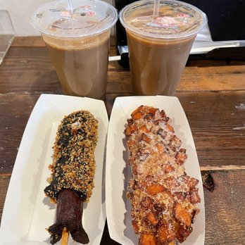 Chung Chun Rice Dog Mochinut - Squid Ink- Cheese Hot Dog (yum), Sweet Potato Hot Dog (yum), Melon Milk Coffee (yum), Banana Milk Coffee (okay, can't taste banana) - Korean Near Me - Seattle, Washington Chung Chun Rice Dog Mochinut - Squid Ink- Cheese Hot Dog (yum), Sweet Potato Hot Dog (yum), Melon Milk Coffee (yum), Banana Milk Coffee (okay, can't taste banana) - Korean Near Me - Seattle, Washington