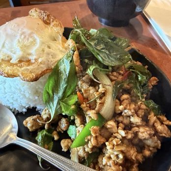 PCH Noodles - Krapow (Basil Chicken) topped with fried egg - Thai Near Me - Lomita, California PCH Noodles - Krapow (Basil Chicken) topped with fried egg - Thai Near Me - Lomita, California
