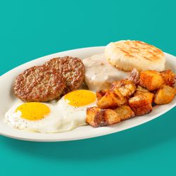 Eggs Up Grill - Southern Staples breakfast features our crispy home fries, sausage patties, eggs a grilled buttermilk biscuit and sausage gravy.