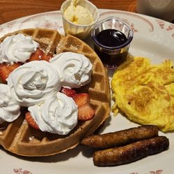 Henri's - Sunday Special of the day, Waffle with Strawberries and wipped cream, Scrambled eggs and Sausages