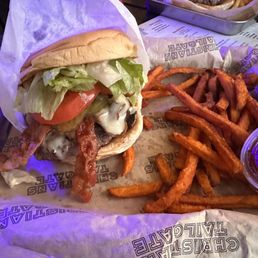 Swiss Mushroom Burger with lettuce tomato and bacon