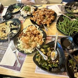 Beef fried rice, spicy wontons, orange chicken, sautéed string beans, cucumber salad, honey walnut shrimp Beef fried rice, spicy wontons, orange chicken, sautéed string beans, cucumber salad, honey walnut shrimp
