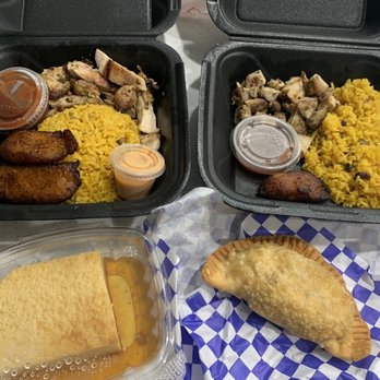 Latin Soul Grille - Grilled chicken meal with sweet plantains, beef empanada, and coconut flan. - Food Trucks Near Me