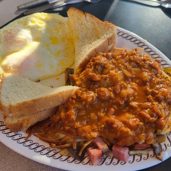 Waffle House - Hash Browns All The Way with No Gravy, w/ 2 eggs over medium - Breakfast & Brunch Near Me - Round Rock, Texas
