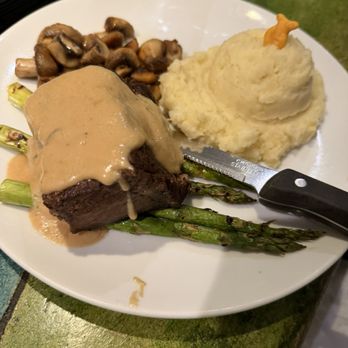 Lures Bar And Grille - Short Rib with cream sauce. Note the cute goldfish on the mashed potatoes! - Seafood Near Me - Crownsville, Maryland