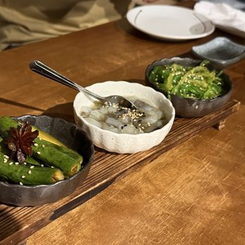 Kakushi Izakaya - Appetizer: Bamboo or maybe asparagus, (mid) octopus w. Wasabi and Wakame - all had good fresh flavors - Sushi Bars Near Me - Newark, California