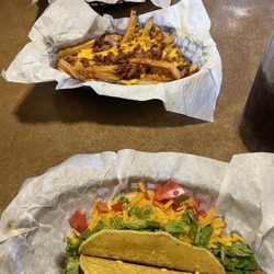 Wichita Town Pub - Happy hour tacos ($1 for one) and bacon cheese fries ($3)