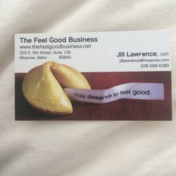 The Feel Good Business - Business card for Jill Lawrence, LMT.