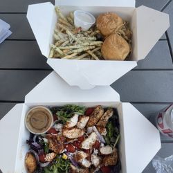 Sword and Skillet - Filet sliders with truffles fries and Salad with blackened chicken