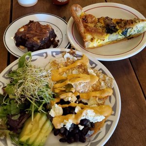 Photo of Outdated an Antique Cafe - Kingston, NY, United States. Huevos rancheros with avocado, peanut butter brownie, rosemary egg quiche