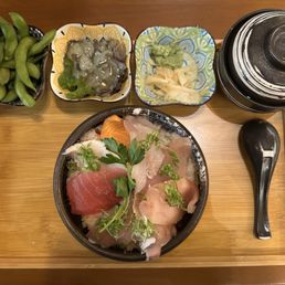 Teishiki Set: Sashimi (+$5 for assorted fish) w/ Edamame and Takowasabi side dishes.