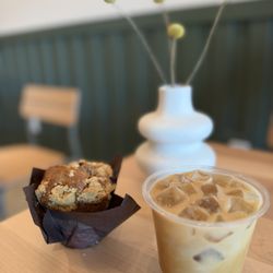 Blueberry muffin and oatmilk latte