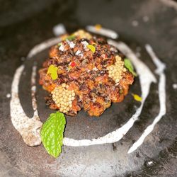 Beef Tartare - roasted fresno, honey yogurt burnt onion, pickled mustard seed (8/10)