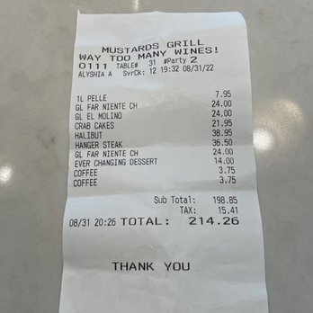 Mustards Grill - Receipt for our meal - New American Near Me - Napa, California