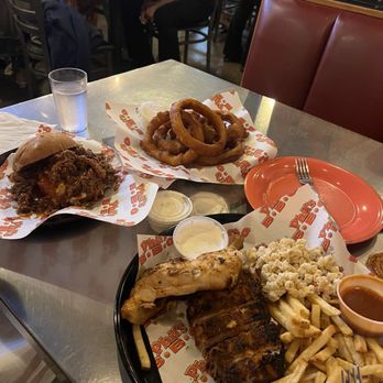 Phil's BBQ - Rib Baby Back Rib & Chicken Dinner, BBQ Broham (Pulled Pork) and Colossal Onion Rings (Large) - Barbeque Near Me - San Diego, California